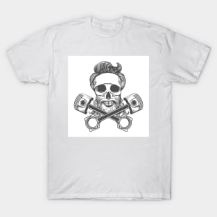 Biker Skull in Bandana and Two Motorcycle Pistons T-Shirt